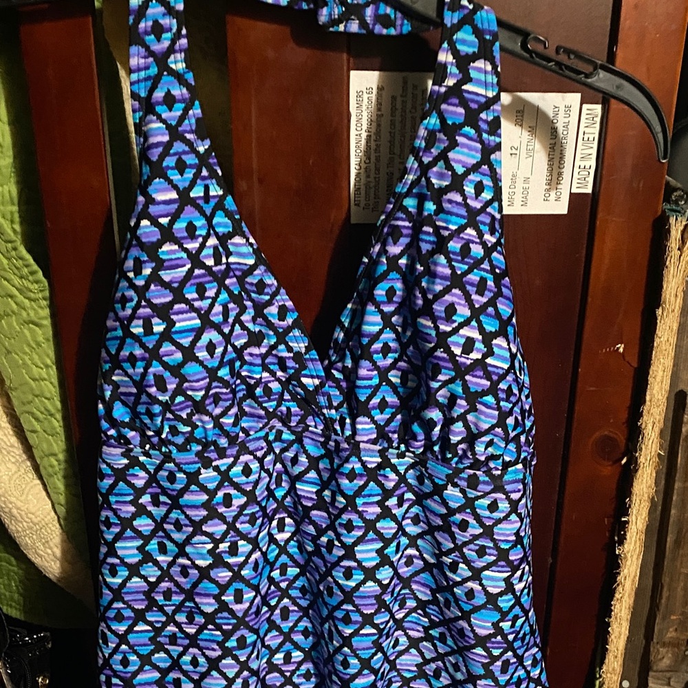 Geometric Blue and Black Halter bikini top